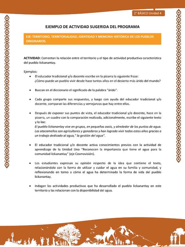 Actividad sugerida: LC02 - Lickanantay - U4 - N°4: COMPRENDEN LA IMPORTANCIA DEL TERRITORIO ANCESTRAL PARA LA CONSTRUCCIÓN DE LA IDENTIDAD.