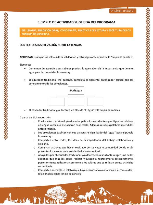 Actividad sugerida: LC02 - Lickanantay - U2 - N°1: TRABAJAN LOS VALORES DE LA SOLIDARIDAD Y EL TRABAJO COMUNITARIO DE LA “LIMPIA DE CANALES”.