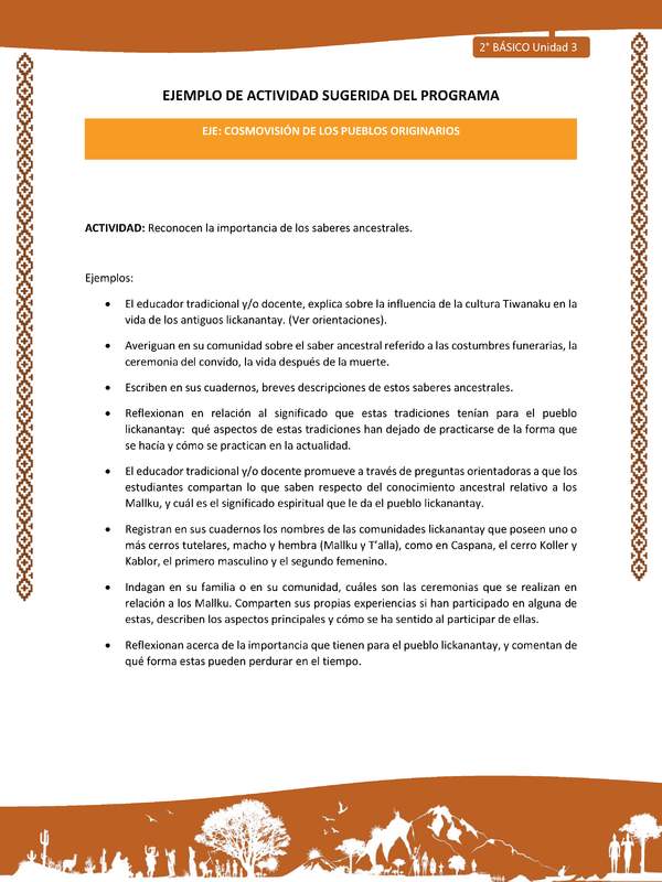 Actividad sugerida: LC02 - Lickanantay - U3 - N°5: RECONOCEN LA IMPORTANCIA DE LOS SABERES ANCESTRALES.