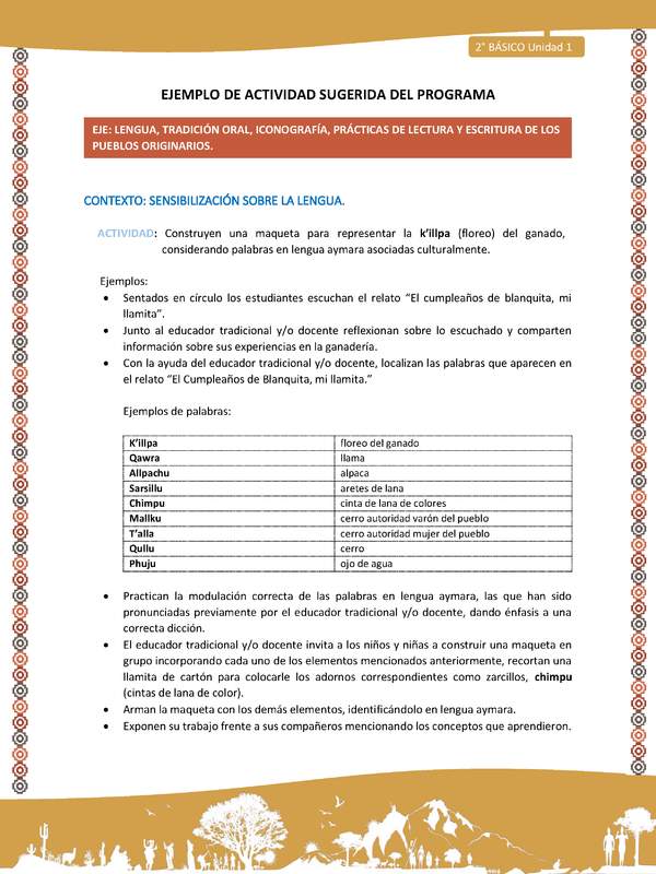 Actividad sugerida Nº 3 - LC02 - LS -AYM-U1-03-2B-LS-Construyen una maqueta para representar la k’illpa (floreo) del ganado, considerando palabras en lengua aymara asociadas culturalmente.