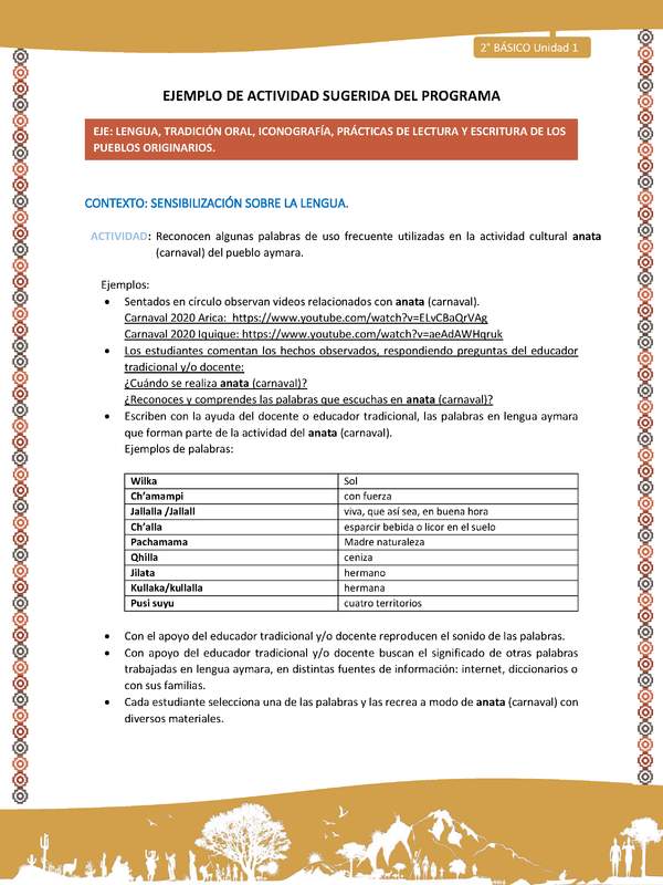 Actividad sugerida Nº 2 - LC02 -AYM-U1-02-2B-LS-Reconocen algunas palabras de uso frecuente utilizadas en la actividad cultural anata (carnaval) del pueblo aymara.