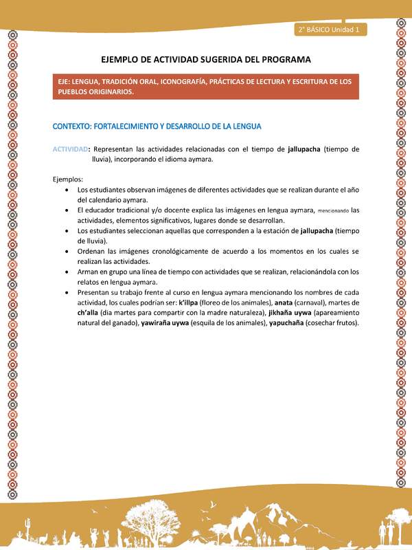 Actividad sugerida Nº 8 - LC02 - AYM-U1-08-2B-LF-Representan las actividades relacionadas con el tiempo de jallupacha (tiempo de lluvia), incorporando el idioma aymara.