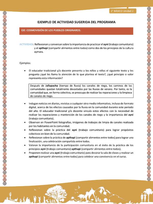 Actividad sugerida Nº 14- LC02 - AYM-U2-01-ECO- Reflexionan y conversan sobre la importancia de practicar el ayni (trabajo comunitario) y el apthapi (compartir alimentos entre todos) como dos de los principios de la cultura aymara.