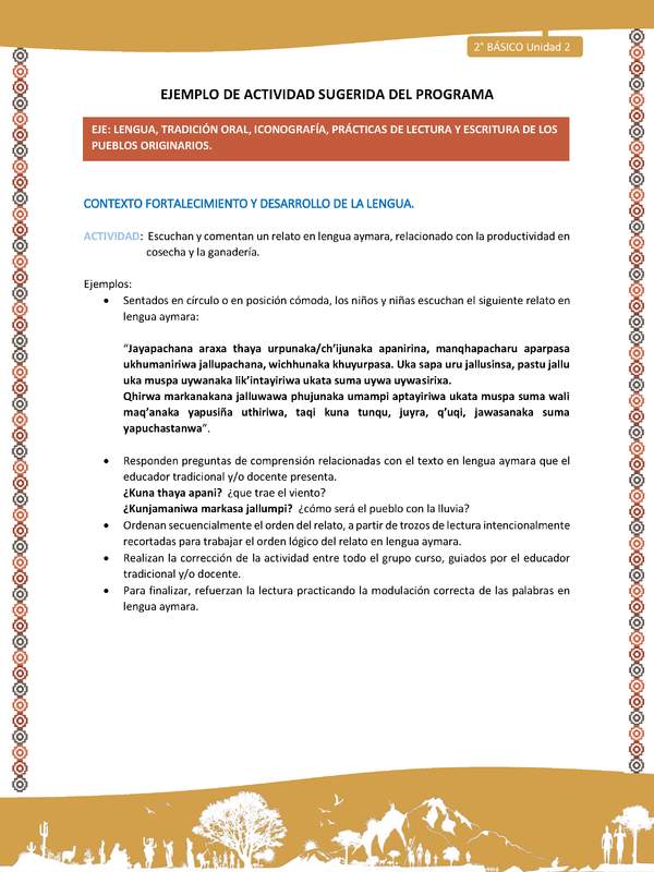 Actividad sugerida Nº 7- LC02 - AYM-U2-01-LF- Escuchan y comentan un relato en lengua aymara, relacionado con la productividad en cosecha y la ganadería.