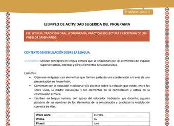 Actividad sugerida Nº 2- LC02 - AYM-U2-01-LS- Utilizan conceptos en lengua aymara que se relacionan con los elementos del espacio superior: astros, estrellas y otros elementos de la naturaleza.