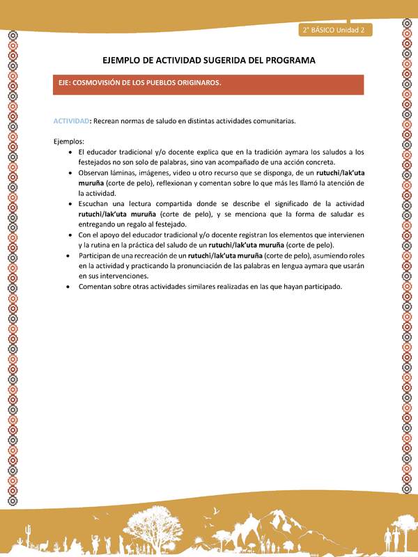 Actividad sugerida Nº 13- LC02 - AYM-U2-01-ECO-  Recrean normas de saludo en distintas actividades comunitarias.