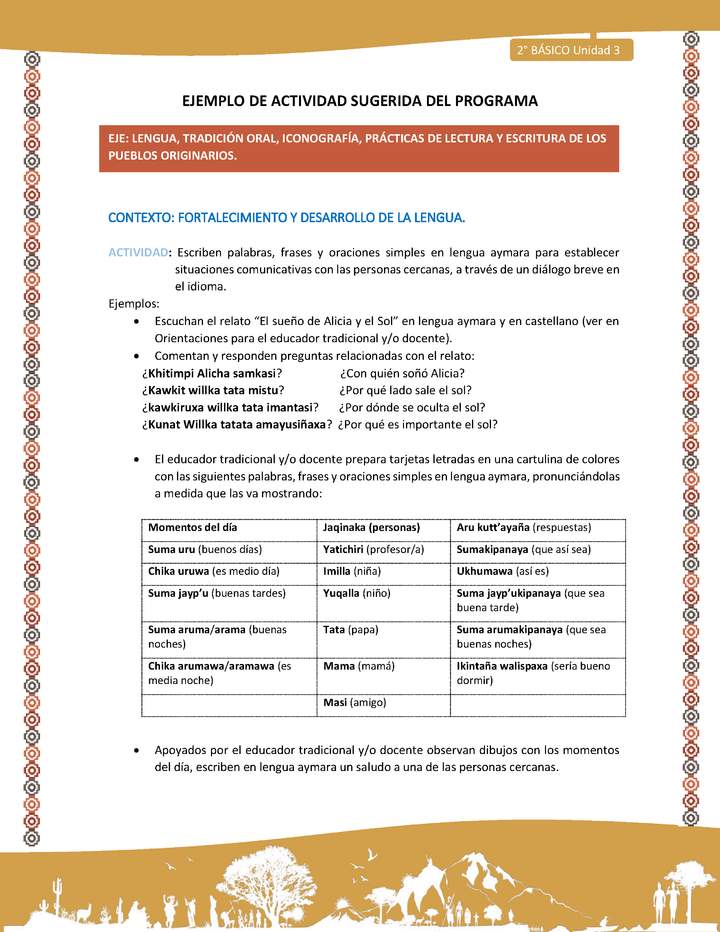 Actividad sugerida Nº 5- LC02 - AYM-U3-LF- Escriben palabras, frases y oraciones simples en lengua aymara para establecer situaciones comunicativas con las personas cercanas, a través de un diálogo breve en el idioma