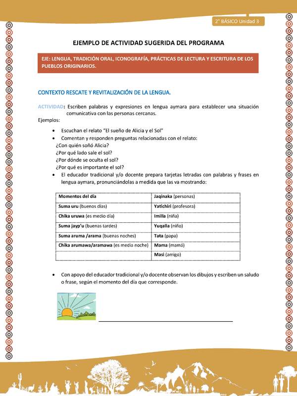 Actividad sugerida Nº 3- LC02 - AYM-U3-LR-Escriben palabras y expresiones en lengua aymara para establecer una situación comunicativa con las personas cercanas