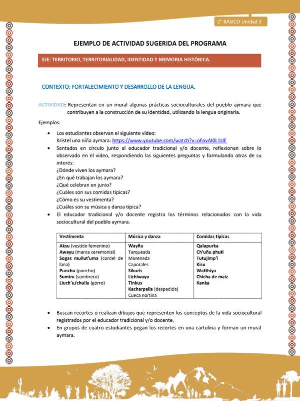 Actividad sugerida Nº 8- LC02 - AYM-U2-ET-Representan en un mural algunas prácticas socioculturales del pueblo aymara que contribuyen a la construcción de su identidad, utilizando la lengua originaria