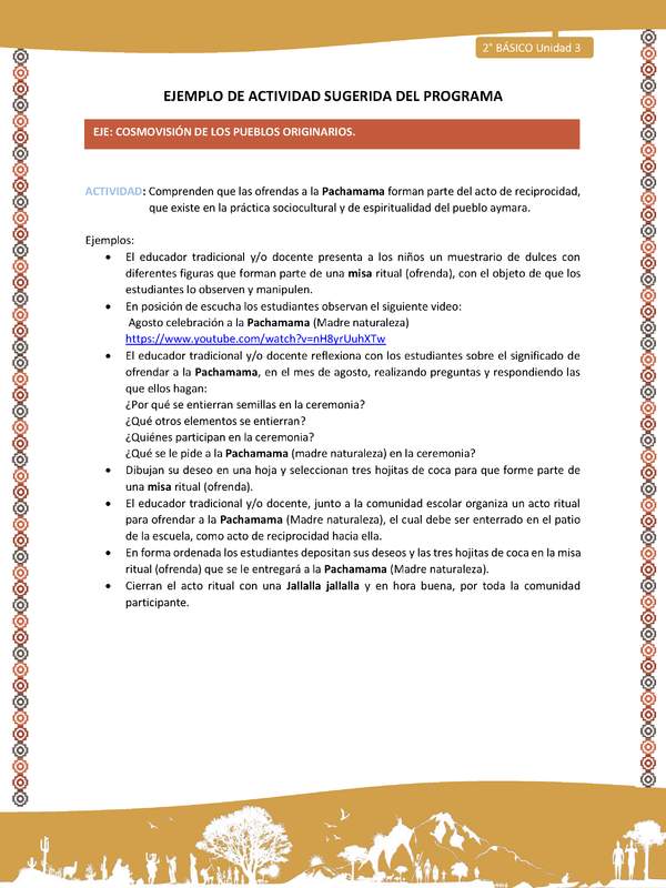 Actividad sugerida Nº 9- LC02 - AYM-U3-ECO-Comprenden que las ofrendas a la Pachamama forman parte del acto de reciprocidad, que existe en la práctica sociocultural y de espiritualidad del pueblo aymara.