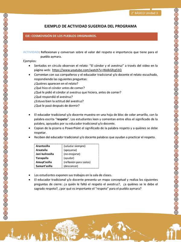 Actividad sugerida Nº 10- LC02 - AYM-U3-ECO-Reflexionan y conversan sobre el valor del respeto e importancia que tiene para el pueblo aymara.