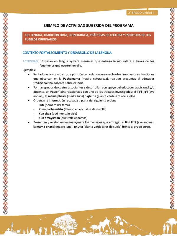 Actividad sugerida Nº 5- LC02 - AYM-U3- 5-AYM-U4-05-2B-LF-Explican en lengua aymara mensajes que entrega la naturaleza a través de los fenómenos que ocurren en ella