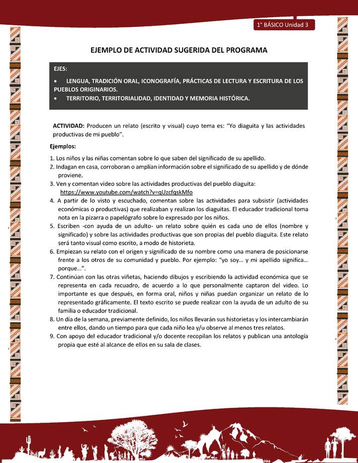 Actividad sugerida: LC01 - Diaguita - U3 - N°3: PRODUCEN UN RELATO (ESCRITO Y VISUAL) CUYO TEMA ES: “YO DIAGUITA Y LAS ACTIVIDADES PRODUCTIVAS DE MI PUEBLO”.