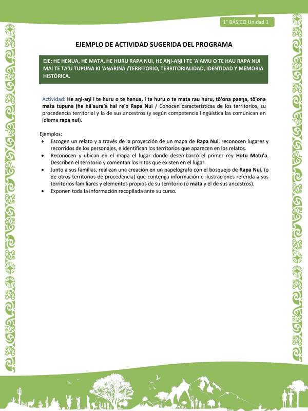 Actividad sugerida LC01 - Rapa Nui - U1 - N°13: Conocen características de los territorios, su procedencia territorial y la de sus ancestros (y según competencia lingüística las comunican en idioma rapa nui).