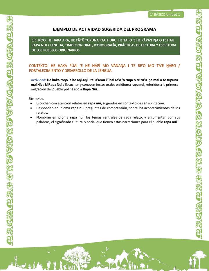 Actividad sugerida LC01 - Rapa Nui - U1 - N°09: Escuchan y conocen textos orales en idioma rapa nui, referidos a la primera migración del pueblo polinésico a Rapa Nui.