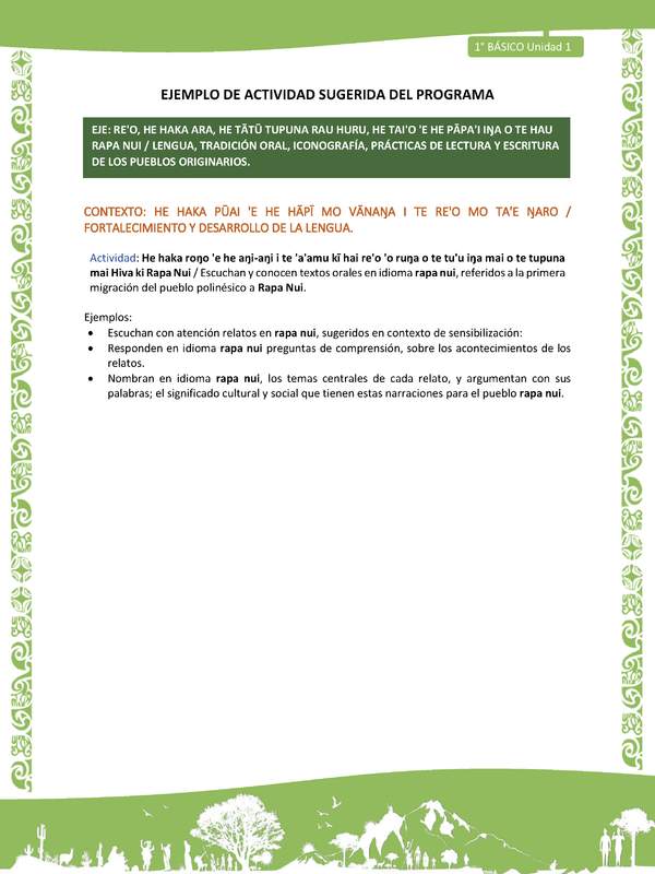 Actividad sugerida LC01 - Rapa Nui - U1 - N°09: Escuchan y conocen textos orales en idioma rapa nui, referidos a la primera migración del pueblo polinésico a Rapa Nui.