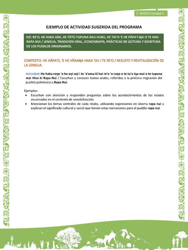 Actividad sugerida LC01 - Rapa Nui - U1 - N°05: Escuchan y conocen textos orales, referidos a la primera migración del pueblo polinésico a Rapa Nui.