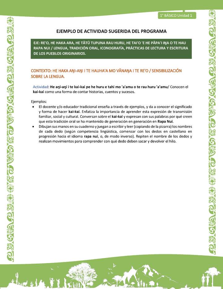 Actividad sugerida LC01 - Rapa Nui - U1 - N°03: Conocen el kai-kai como una forma de contar historias, cuentos y sucesos.