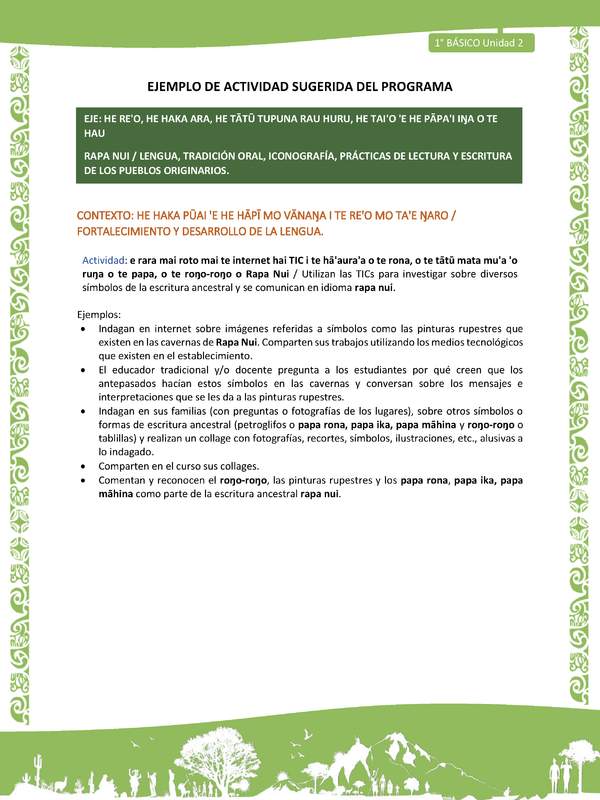 Actividad sugerida LC01 - Rapa Nui - U2 - N°31: Utilizan las TICs para investigar sobre diversos símbolos de la escritura ancestral y se comunican en idioma rapa nui.