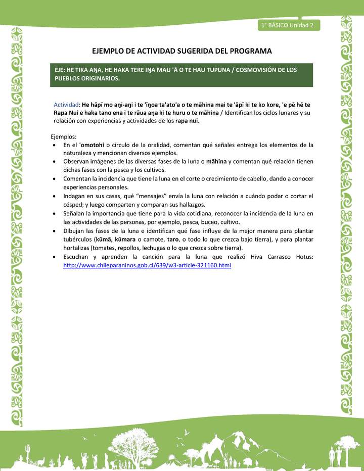 Actividad sugerida LC01 - Rapa Nui - U2 - N°37:  Identifican los ciclos lunares y su relación con experiencias y actividades de los rapa nui.