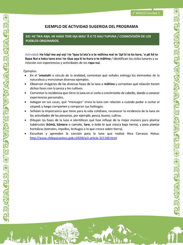 Actividad sugerida LC01 - Rapa Nui - U2 - N°37:  Identifican los ciclos lunares y su relación con experiencias y actividades de los rapa nui.