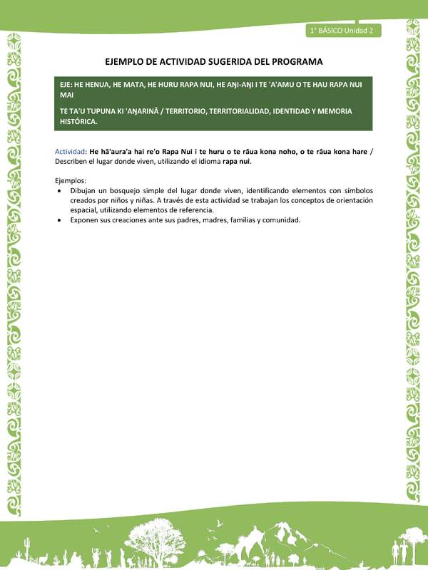 Actividad sugerida LC01 - Rapa Nui - U2 - N°36: Describen el lugar donde viven, utilizando el idioma rapa nui.