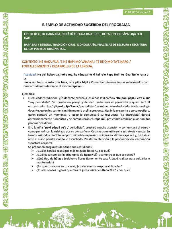 Actividad sugerida LC01 - Rapa Nui - U2 - N°29: Comentan diversos temas relacionados con cosas cotidianas utilizando el idioma rapa nui.