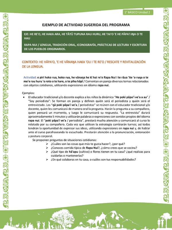 Actividad sugerida LC01 - Rapa Nui - U2 - N°24: Comentan en pareja diversos temas relacionados con objetos cotidianos, utilizando expresiones en idioma rapa nui.