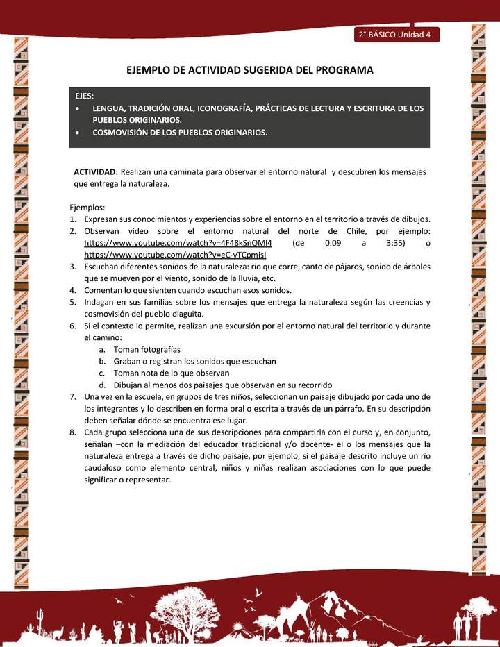 Actividad sugerida: LC02 - Diaguita - U4 - N°1: REALIZAN UNA CAMINATA PARA OBSERVAR EL ENTORNO NATURAL Y DESCUBREN LOS MENSAJES QUE ENTREGA LA NATURALEZA.