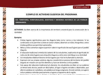 Actividad sugerida: LC02 - Diaguita - U4 - N°4:  ESCRIBEN ACERCA DE LA IMPORTANCIA DEL TERRITORIO ANCESTRAL PARA LA CONSTRUCCIÓN DE LA IDENTIDAD.