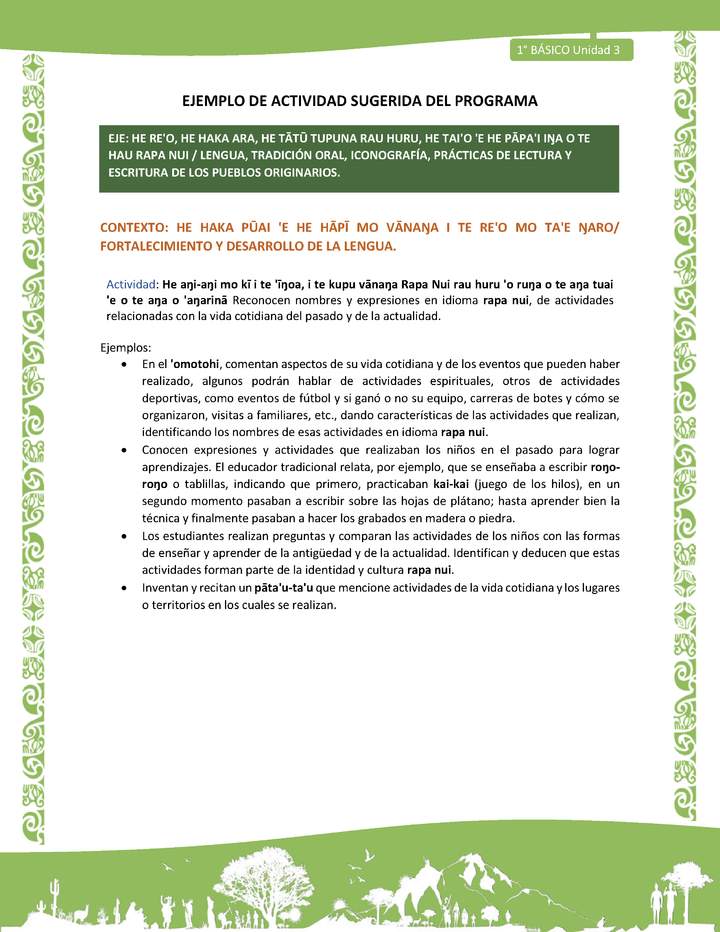 Actividad sugerida LC01 - Rapa Nui - U3 - N°53: Reconocen nombres y expresiones en idioma rapa nui, de actividades relacionadas con la vida cotidiana del pasado y de la actualidad.