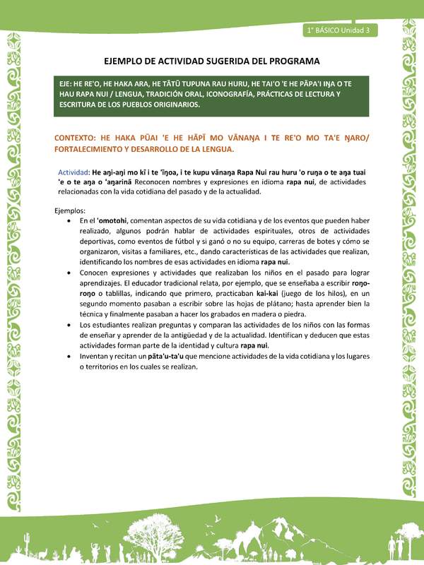 Actividad sugerida LC01 - Rapa Nui - U3 - N°53: Reconocen nombres y expresiones en idioma rapa nui, de actividades relacionadas con la vida cotidiana del pasado y de la actualidad.