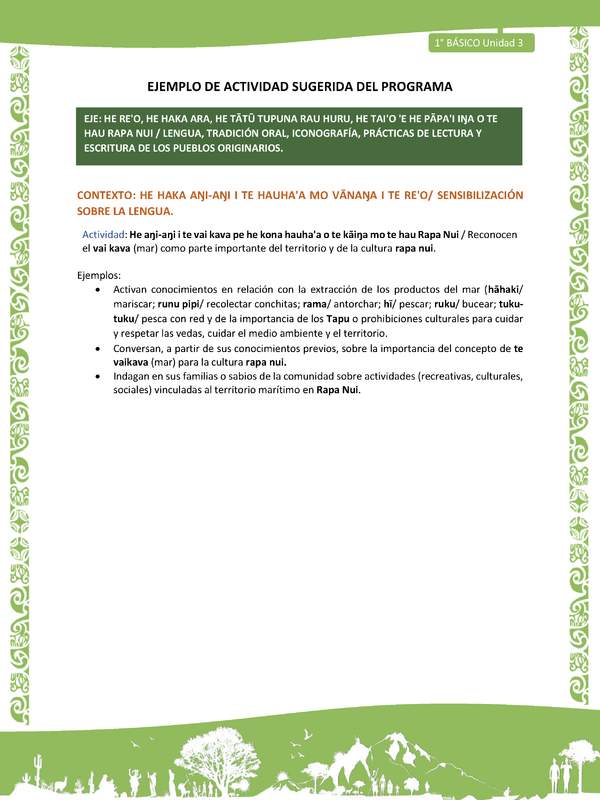 Actividad sugerida LC01 - Rapa Nui - U3 - N°43: Reconocen el vai kava (mar) como parte importante del territorio y de la cultura rapa nui.