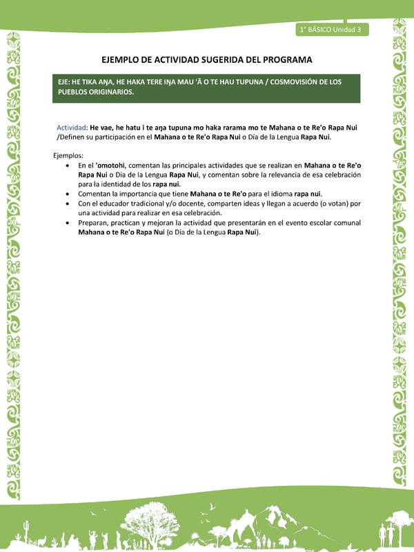 Actividad sugerida LC01 - Rapa Nui - U3 - N°58: Definen su participación en el Mahana o te Re'o Rapa Nui o Día de la Lengua Rapa Nui.