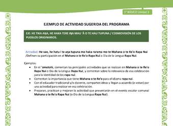 Actividad sugerida LC01 - Rapa Nui - U3 - N°58: Definen su participación en el Mahana o te Re'o Rapa Nui o Día de la Lengua Rapa Nui.