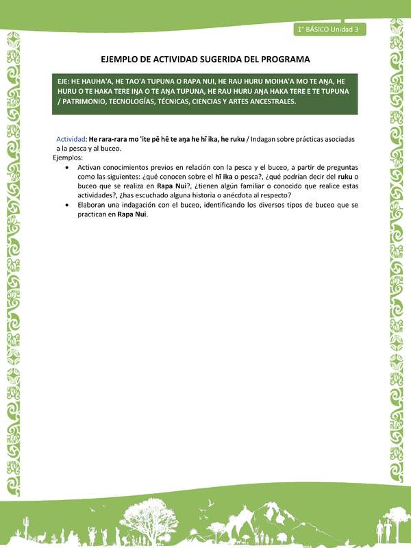 Actividad sugerida LC01 - Rapa Nui - U3 - N°62: Indagan sobre prácticas asociadas a la pesca y al buceo.