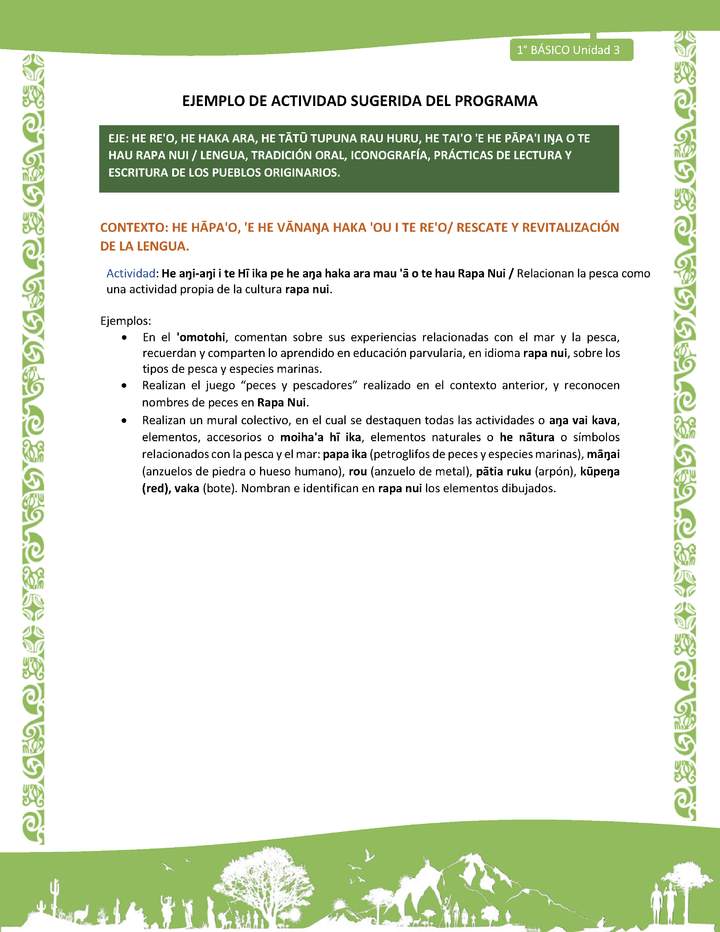 Actividad sugerida LC01 - Rapa Nui - U3 - N°45: Relacionan la pesca como una actividad propia de la cultura rapa nui.