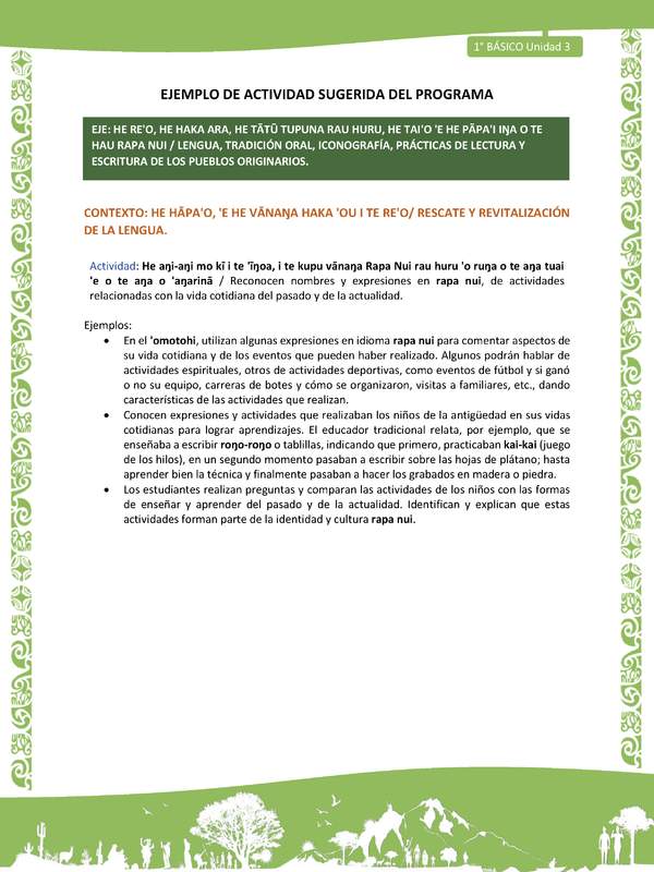 Actividad sugerida LC01 - Rapa Nui - U3 - N°48: Reconocen nombres y expresiones en rapa nui, de actividades relacionadas con la vida cotidiana del pasado y de la actualidad.
