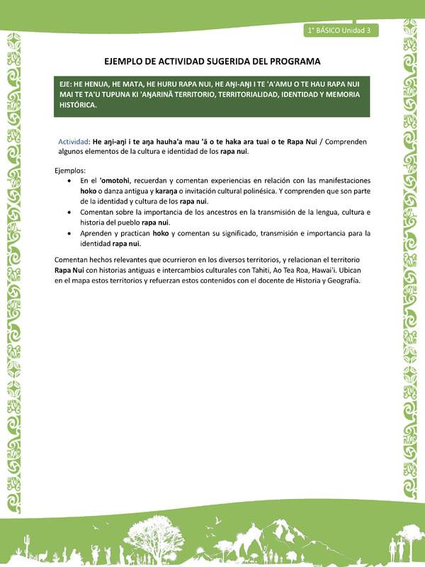 Actividad sugerida LC01 - Rapa Nui - U3 - N°55: Comprenden algunos elementos de la cultura e identidad de los rapa nui.