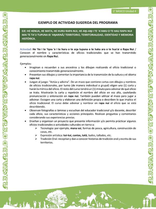 Actividad sugerida LC01 - Rapa Nui - U4 - N°84: Conocen el nombre y características de oficios tradicionales que se han transmitido generacionalmente en Rapa Nui.