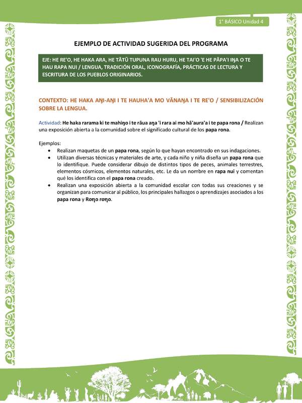 Actividad sugerida LC01 - Rapa Nui - U4 - N°69: Realizan una exposición abierta a la comunidad sobre el significado cultural de los papa rona.