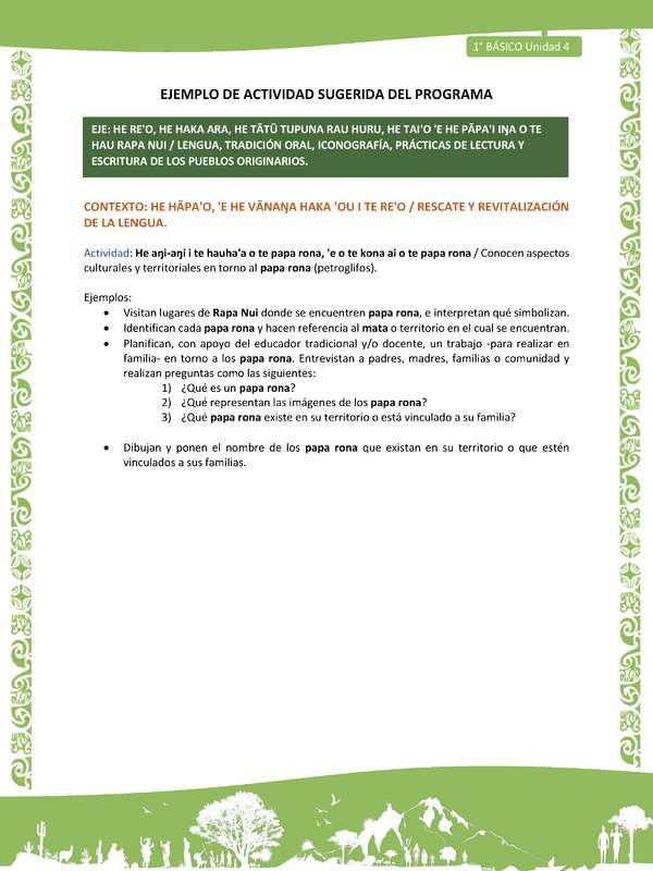 Actividad sugerida LC01 - Rapa Nui - U4 - N°72: Conocen aspectos culturales y territoriales en torno al papa rona (petroglifos).