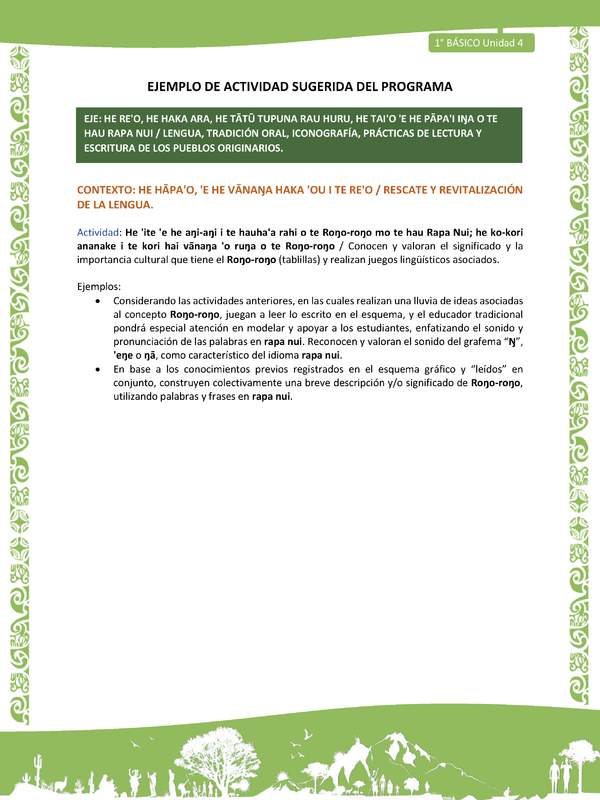 Actividad sugerida LC01 - Rapa Nui - U4 - N°70: Conocen y valoran el significado y la importancia cultural que tiene el Roŋo-roŋo (tablillas) y realizan juegos lingüísticos asociados.