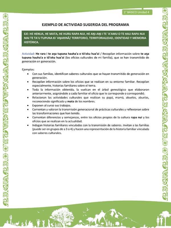 Actividad sugerida LC01 - Rapa Nui - U4 - N°83: Recopilan información sobre te aŋa tupuna hauha'a o tō'oku hua'ai (los oficios culturales de mi familia), que se han transmitido de generación en generación.