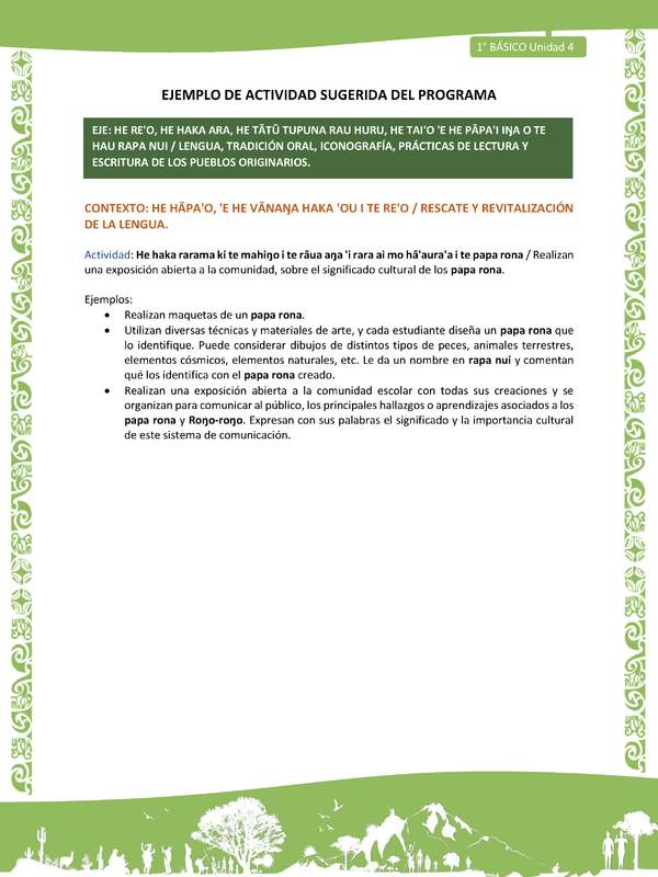 Actividad sugerida LC01 - Rapa Nui - U4 - N°74: Realizan una exposición abierta a la comunidad, sobre el significado cultural de los papa rona.