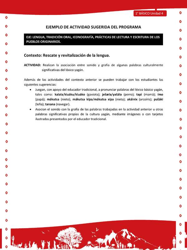 Actividad sugerida Nº 2- LC01 - YAG-U4-LR - Realizan la asociación entre sonido y grafía de algunas palabras culturalmente significativas del léxico yagán