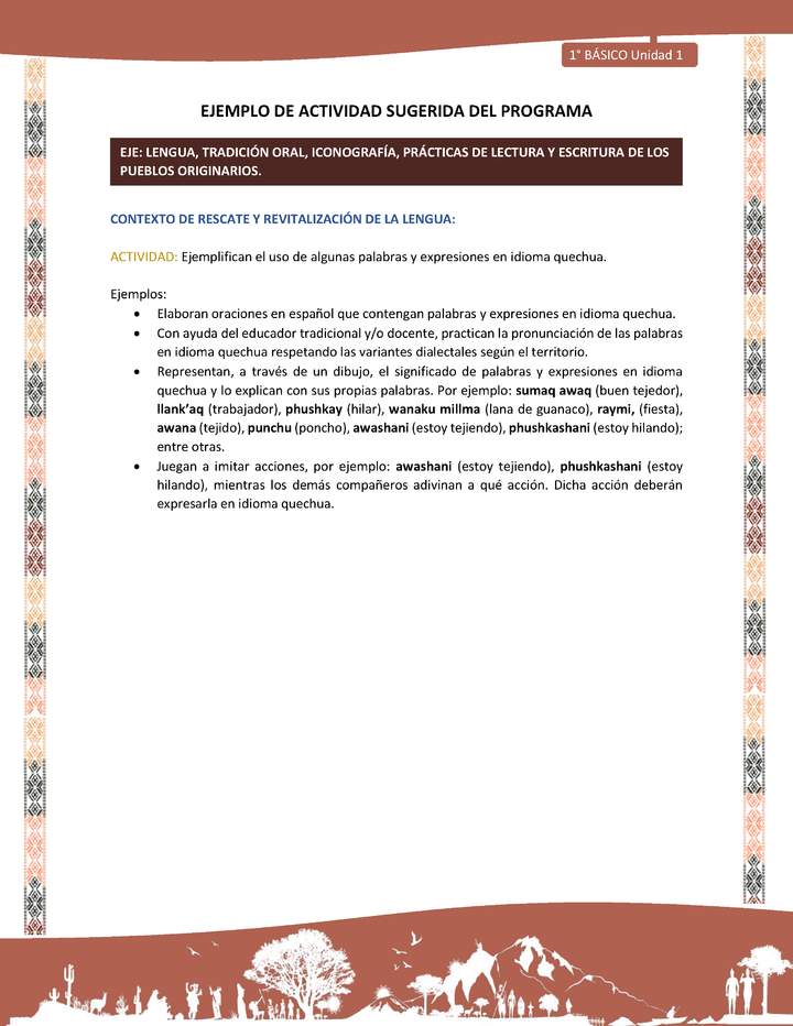 Actividad sugerida LC01 - Quechua - U1 - N°05: Ejemplifican el uso de algunas palabras y expresiones en idioma quechua.