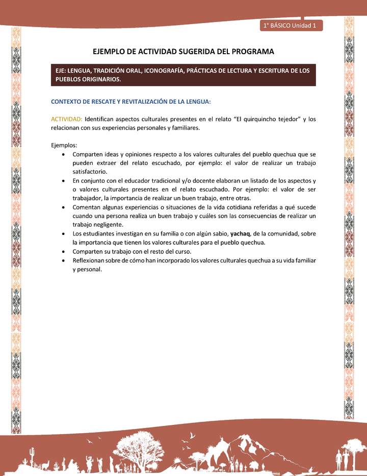 Actividad sugerida LC01 - Quechua - U1 - N°04: Identifican aspectos culturales presentes en el relato “El quirquincho tejedor” y los relacionan con sus experiencias personales y familiares.