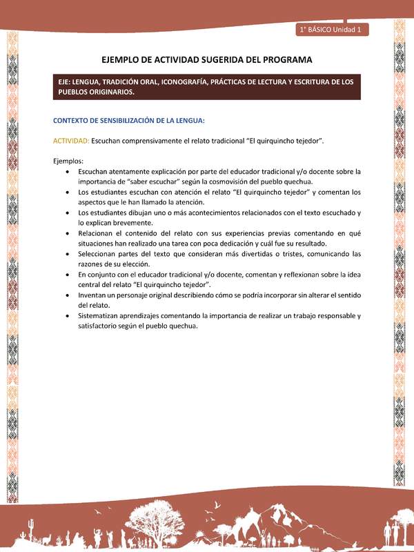 Actividad sugerida LC01 - Quechua - U1 - N°01: Escuchan comprensivamente el relato tradicional “El quirquincho tejedor”.