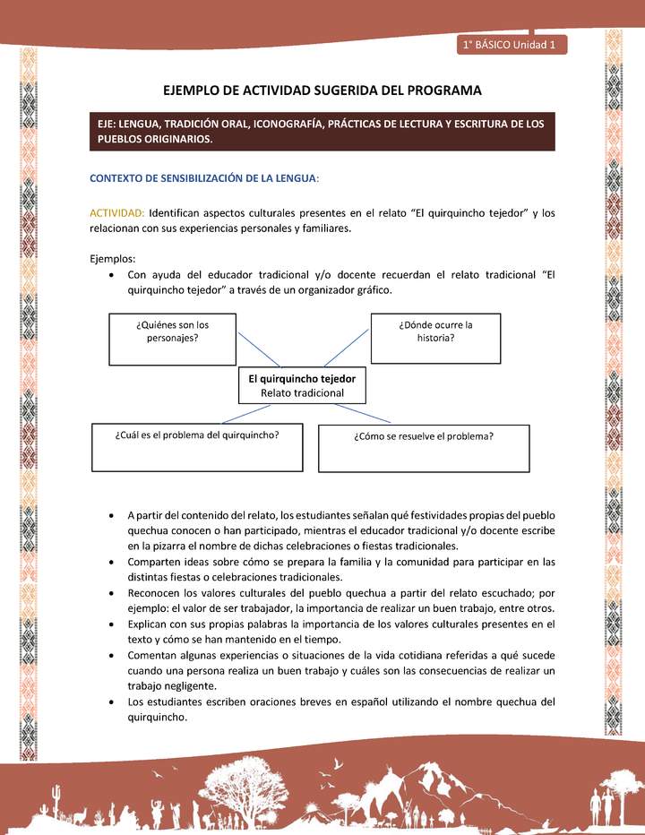 Actividad sugerida LC01 - Quechua - U1 - N°02: Identifican aspectos culturales presentes en el relato “El quirquincho tejedor” y los relacionan con sus experiencias personales y familiares.